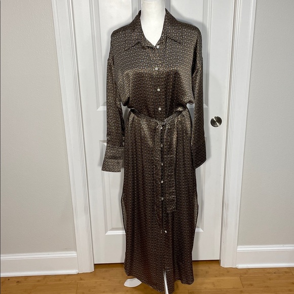 Banana Republic Muse Silk Maxi Shirt Dress Sz Small Geometric Print Long Sleeve - Picture 9 of 16